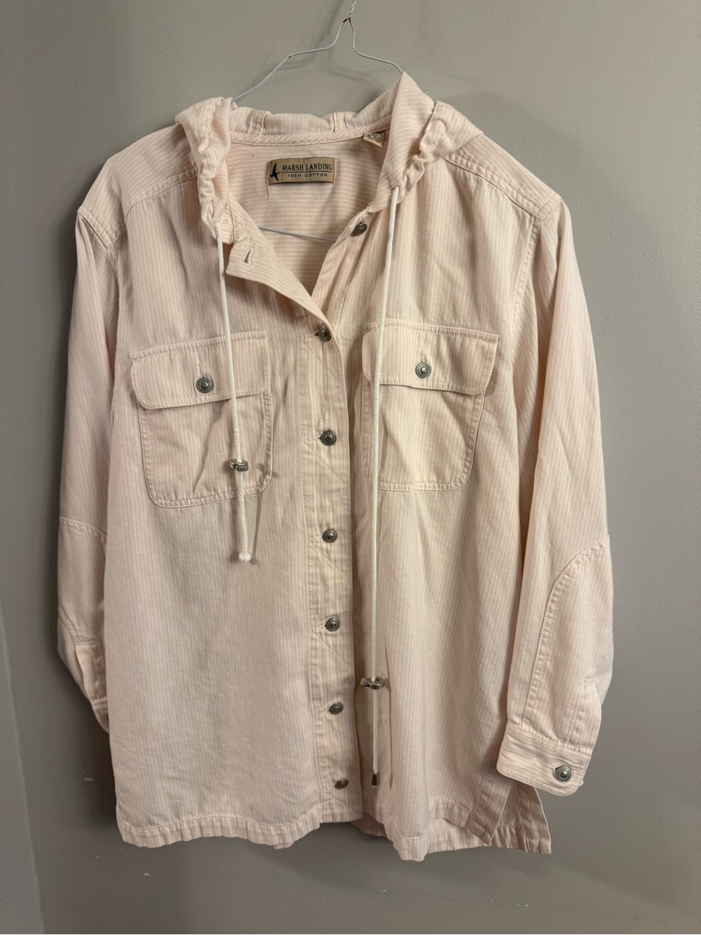 Marsh Landing Large 100% Cotton Pink Striped Hooded Button Front Shirt Jacket